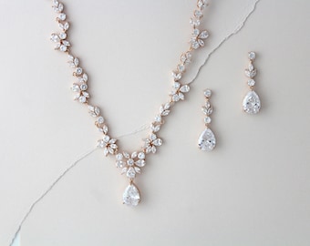 Rose Gold necklace set Bridal necklace and earring set Wedding jewelry set Crystal necklace Rose Gold earrings CZ Bridesmaid jewelry