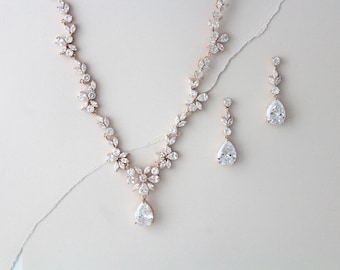 Rose Gold necklace set for Bride, Bridal necklace and earring set, Wedding day jewelry set, Rose Gold earrings, CZ Bridesmaid jewelry