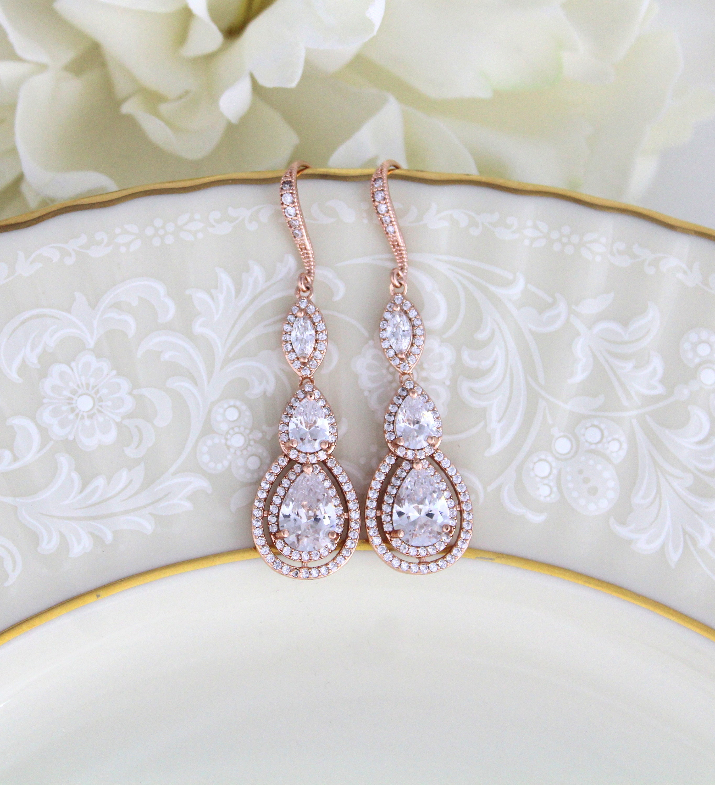 Rose Gold Earrings Crystal Bridal Earrings Bridal Jewelry Long - Etsy ...