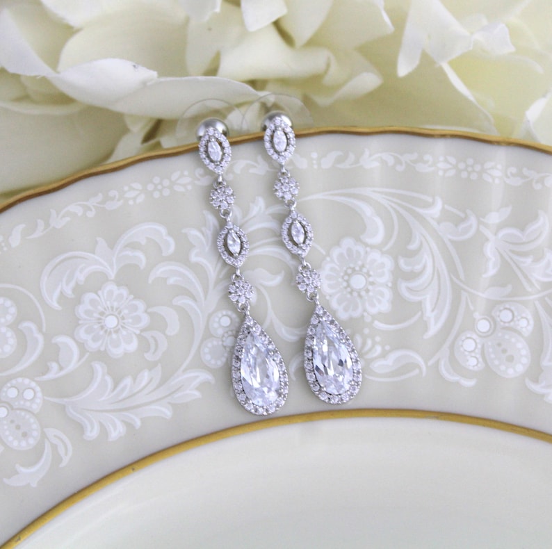 Long dainty crystal drop earrings Rose Gold Bridal earrings CZ Etsy