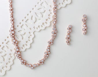 Rose gold necklace and earrings, Bridal jewelry set, Choker style necklace for Wedding, Rose gold jewelry for Bride, Rose gold earrings
