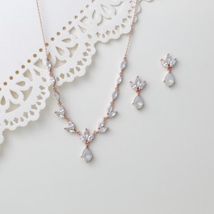 Rose gold jewelry set for wedding, Bridal necklace and earrings, Bridal jewelry set, White opal necklace and earrings, Wedding jewelry