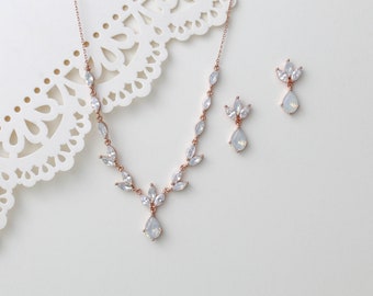 Rose gold jewelry set for wedding, Bridal necklace and earrings, Bridal jewelry set, White opal necklace and earrings, Wedding jewelry
