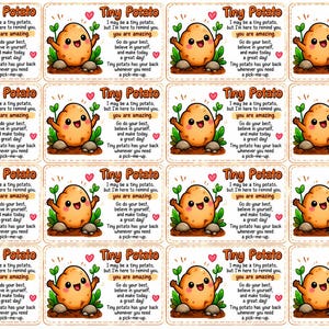 Puede incluir: Una hoja de dieciséis pegatinas rectangulares con una patata de dibujos animados con brotes verdes, corazones rosas y el texto: Tiny Potato, I may be a tiny potato, but I'm here to remind you, you are amazing. Go do your best, believe in yourself, and make today a great day! Tiny potato has your back whenever you need a pick-me-up.