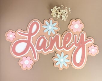 Flower Name Sign Custom floral name plaque large personalised name sign flowers girls bedroom decor nursery name sign