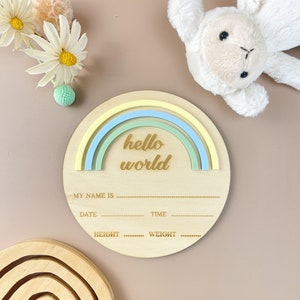 Hello World Plaque | Rainbow Baby Sign | Newborn Accessories | Baby must have | baby announcement sign | Blue rainbow plaque