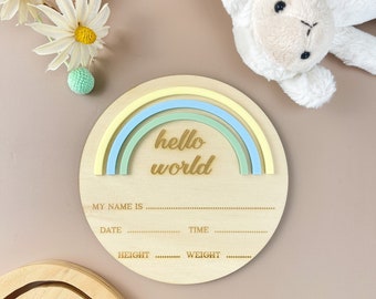 Hello World Plaque | Rainbow Baby Sign | Newborn Accessories | Baby must have | baby announcement sign | Blue rainbow plaque