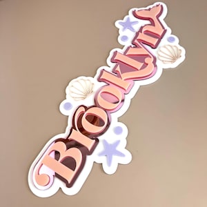 Puede incluir: Un letrero decorativo con la palabra "Brokeray" en un diseño rosa y blanco en capas. El letrero está adornado con acentos de conchas marinas y estrellas de mar en tonos blancos y lavanda. El tema general es de inspiración playera.