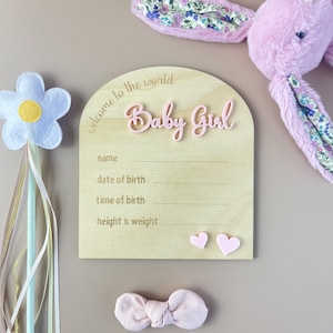 Baby Announcement Plaque - Pink Hearts - Welcome to the world - Welcome baby girl - Baby disc - Baby plaque - Wooden disc - Babies first
