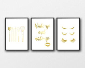 GOLD FOIL Make-up prints, Set of 3, Makeup brushes, Wakeup and make-up, eyelashes, real gold foil, lipstick mark, gold makeup prints