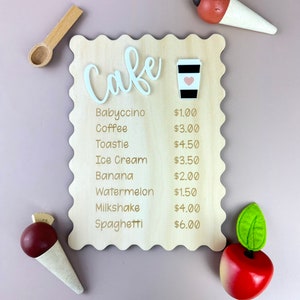 Placa de menu do Kids Play Cafe - Placa de cozinha da sala de jogos - placa de madeira para café infantil