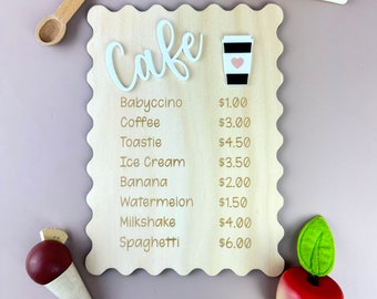 Kids Play Cafe Menu Sign - Playroom kitchen sign - timber kids cafe board