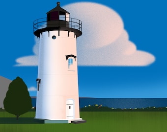Oak Bluffs East Chop Art Martha's Vineyard 20 x 10 po. Édition limitée Giclée Lambert's B&B Wall Decor Nautical Jaws Cape Cod Print Lighthouse