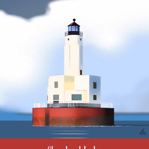 May include: A white lighthouse with a red base sits on a small island in the water. The lighthouse has a black roof and a black railing around the top. The sky is cloudy and blue. The text "Cleveland Ledge Buzzards Bay" is at the bottom of the image.