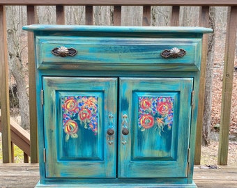 SOLD OUT Blue Green Rustic Hand painted Side Table Cabinet