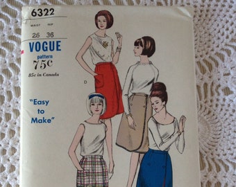 Vintage 1960's Vogue 6322 Sewing Pattern-Misses' Wrap Skirt Size Waist 26  Uncut
