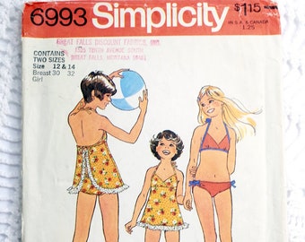 Vintage 1970's Simplicity 6993 Sewing Pattern- Girl's Bathing Suit and Bikini Size 12-14 Bust 30-32