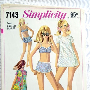 Vintage 1960&#39;s Simplicity 7143 Sewing Pattern-Teen Bikini Bathing Suit and Beach Top Size 12 Bust 32