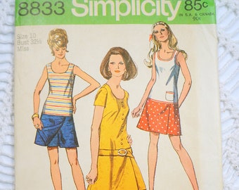 Vintage 1970's Simplicity 8833 Sewing Pattern - Misses' Mini Pantdress Size 10 Bust 32.5