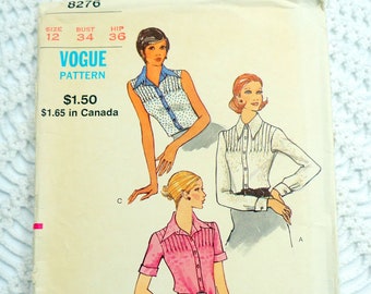 Vintage 1970's Vogue 8276 Sewing Pattern- Misses' Blouse Size 12 Bust 34 UNCUT