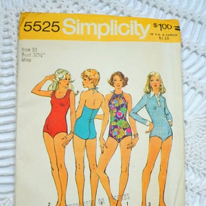May include: A vintage Simplicity sewing pattern for a swimsuit. The pattern number is 5525 and the size is 10. The pattern shows three different swimsuit styles, all with a halter neckline. The pattern is for stretch knits only.