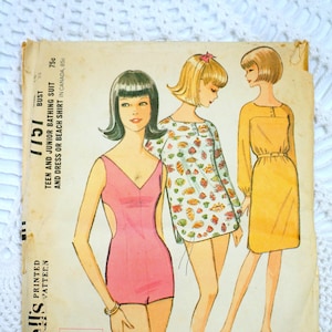 Vintage 1960&#39;s McCall&#39;s 7757 Sewing Pattern - Junior Bathing Suit with Beach Dress and Shirt Size 13 Bust 33