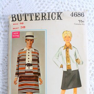 May include: Vintage sewing pattern for a skirt and jacket set. The pattern is from Butterick and is number 4686. The pattern is for sizes 16 and 38 bust. The pattern is for a striped skirt and a white jacket.