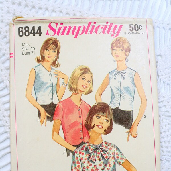 Vintage 1960's Simplicity 6844 Vintage Sewing Pattern- Misses' Blouse with Variations Size 10 Bust 31