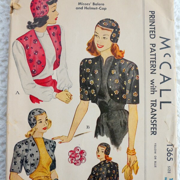 Vintage 1940's McCall 1365 Sewing Pattern-Misses' Vest Bolero and Helmet Cap Size 14 Bust 34