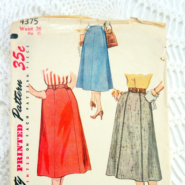 Vintage 1950's Simplicity 4375 Sewing Pattern- Misses' Gored Skirt Waist 26 Hip 35