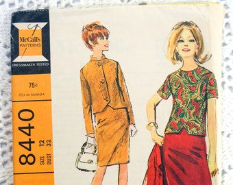 Vintage 1960's McCall's 8440 Sewing Pattern - Misses Suit with Jacket Blouse and Skirt Size 12 UNCUT Bust 32