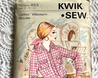 Vintage 1970's Kwik Sew Pattern 453-Ladies' Western Shirt Size 8 10 12 Bust 34-37