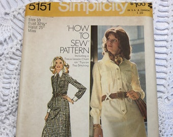 Vintage 1970's Simplicity 5151 Sewing Pattern-Misses' Shirt Dress Size 10 Bust 32.5 UNCUT