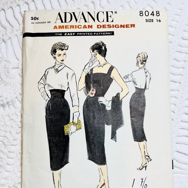 Vintage 1950's Advance American Designer 8048 Sewing Pattern by Edith Head -Women's Sheath Dress Bolero and Stole Size 16 Bust 36 UNCUT