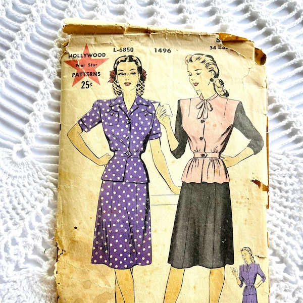 Vintage 1940's Hollywood Pattern 1496 - Misses' Blouse and Skirt Size 16 Bust 34