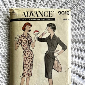 May include: Vintage sewing pattern for a dress, Advance pattern number 9010, size 16. The pattern features two women wearing dresses, one with a floral print and the other in a solid color. The text "The Easy Printed Pattern!" is printed on the pattern.