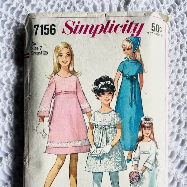 Vintage 1960's Simplicity 7156 Sewing Pattern -Girls' Dress and Scarf Size 7 Chest 25