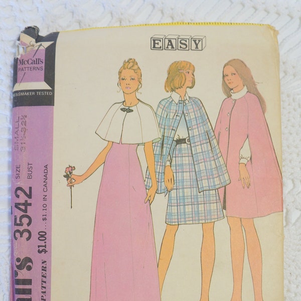 Vintage 1970's McCall's 3542 Sewing Pattern - Misses' Cape and Skirt in Two Lengths Size Small Bust 31.5-32.5 UNCUT