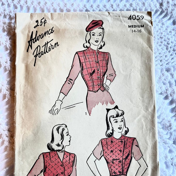 Vintage 1940's Advance 4059 Sewing Pattern- Misses' Vest or Weskit Size 14-16 Bust 32-34