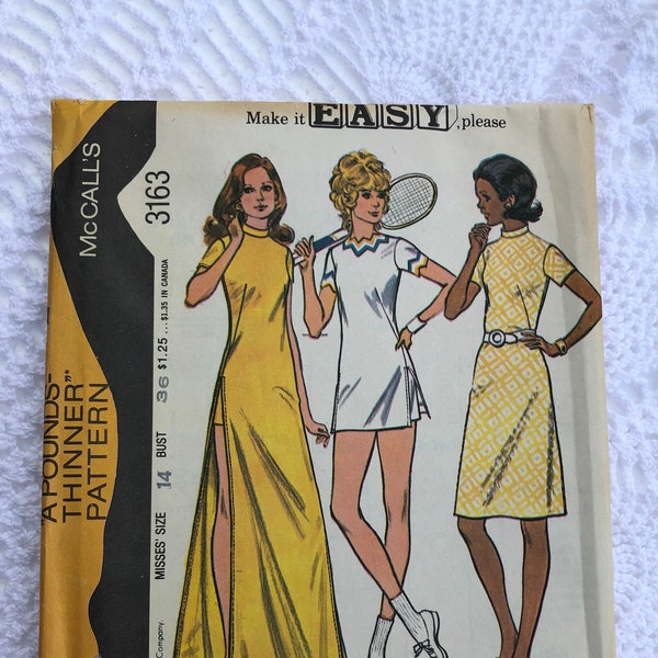 Vintage 1970's McCalls 3163 Sewing Pattern- Misses Dress and Shorts  Size 14 Bust 36 UNCUT