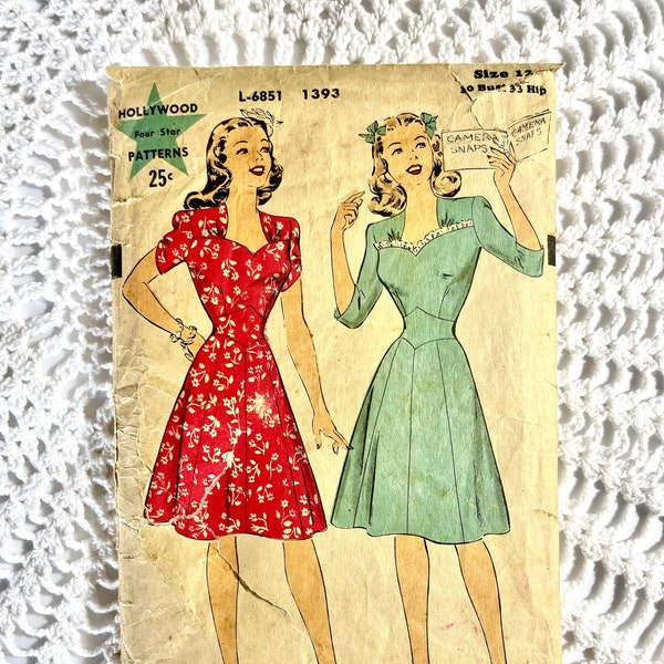 Vintage 1940's Hollywood Pattern 1393-Women's One Piece Dress Size 12 Bust 30 INCOMPLETE