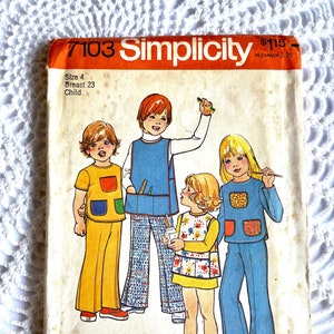 Vintage 1970&#39;s Simplicity 7103 Sewing Pattern- Child&#39;s Apron Top and Pants Size 4 Chest 23 UNCUT