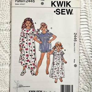 May include: Kwik Sew pattern 2446 for girls' nightgowns and sleepwear, sizes 4-5-6-7. The pattern features illustrations of three different sleepwear styles. The pattern includes the Kwik Sew logo and the designer's name, Kerstin Martensson.