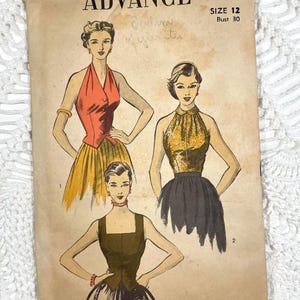 May include: A vintage Advance 5802 sewing pattern envelope for size 12, bust 30. The cover features illustrations of three different sleeveless tops with varying necklines and bodices, printed in orange, gold, and brown tones on tan paper.