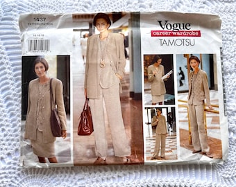 May include: Vogue career wardrobe sewing pattern featuring a woman in a tan suit with a long jacket and wide-leg pants. The pattern includes multiple views of the suit and a skirt. The pattern number is 1437.