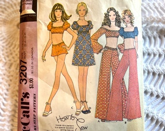 Vintage 1970's McCall's 3207 Sewing Pattern-Misses' Crop Top Dress Pants and Shorts Size Medium Bust 34-36