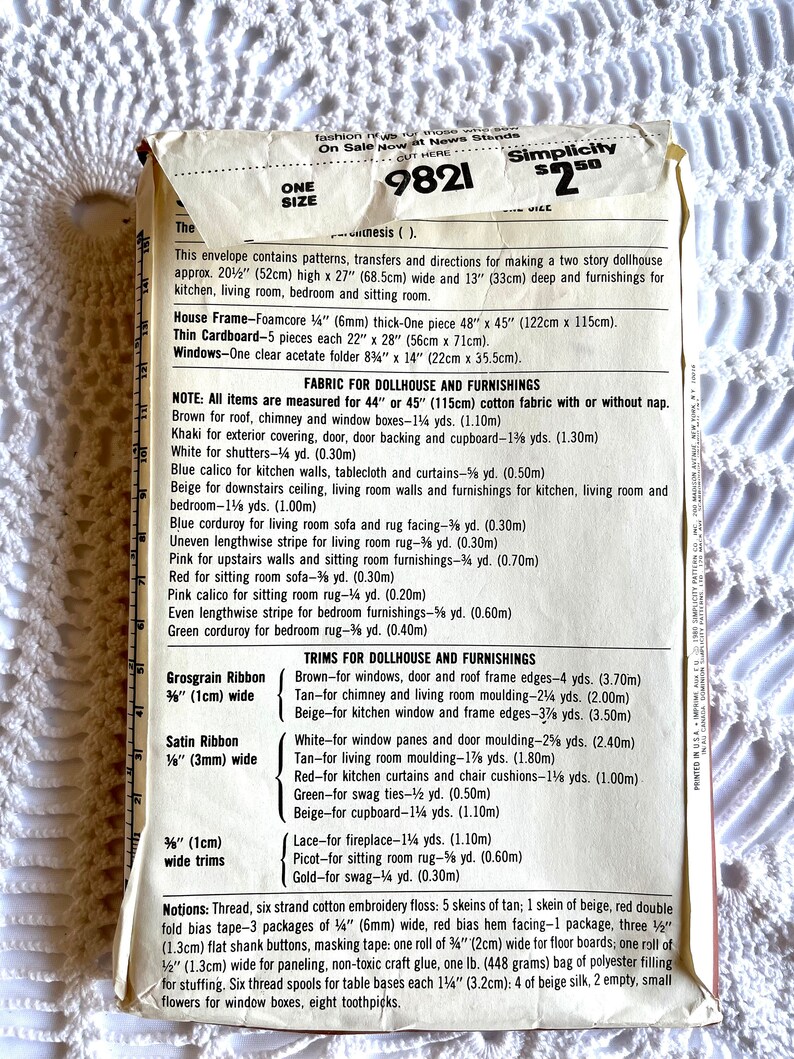 Pattern 9821 Vintage 1980's Simplicity 9821 Sewing Pattern- Doll House and Furniture ...