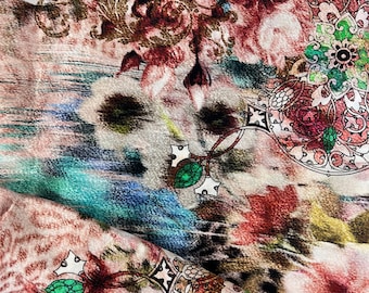 May include: A fabric featuring a complex print with large floral motifs in shades of red, pink, and brown, interspersed with intricate circular geometric patterns in green and cream. The design includes abstract blue and teal brushstroke textures.