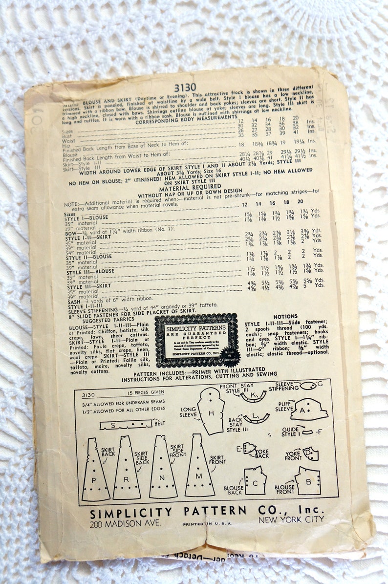 Vintage 1930/'s Simplicity 3130 Sewing Pattern Misses/' Blouse and Ruffled Skirt Size 12 Bust 30