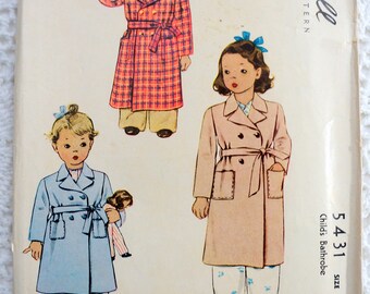 1940's McCall's 5431 Sewing Pattern- Child's Bathrobe Robe Size 3 Chest 22